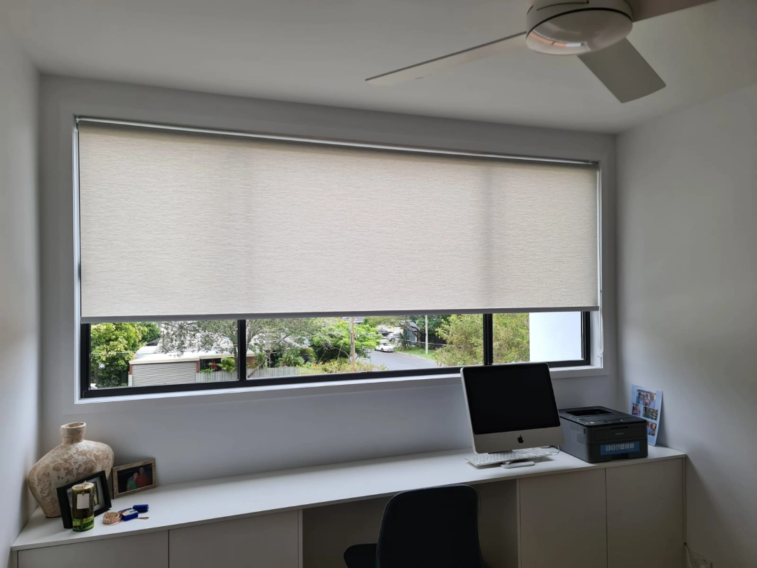 Light filtering blinds in a home office