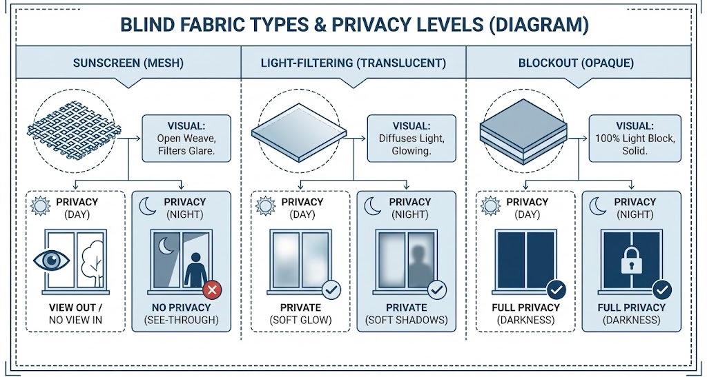 Diagram comparing sunscreen, light-filtering and blockout blind fabrics