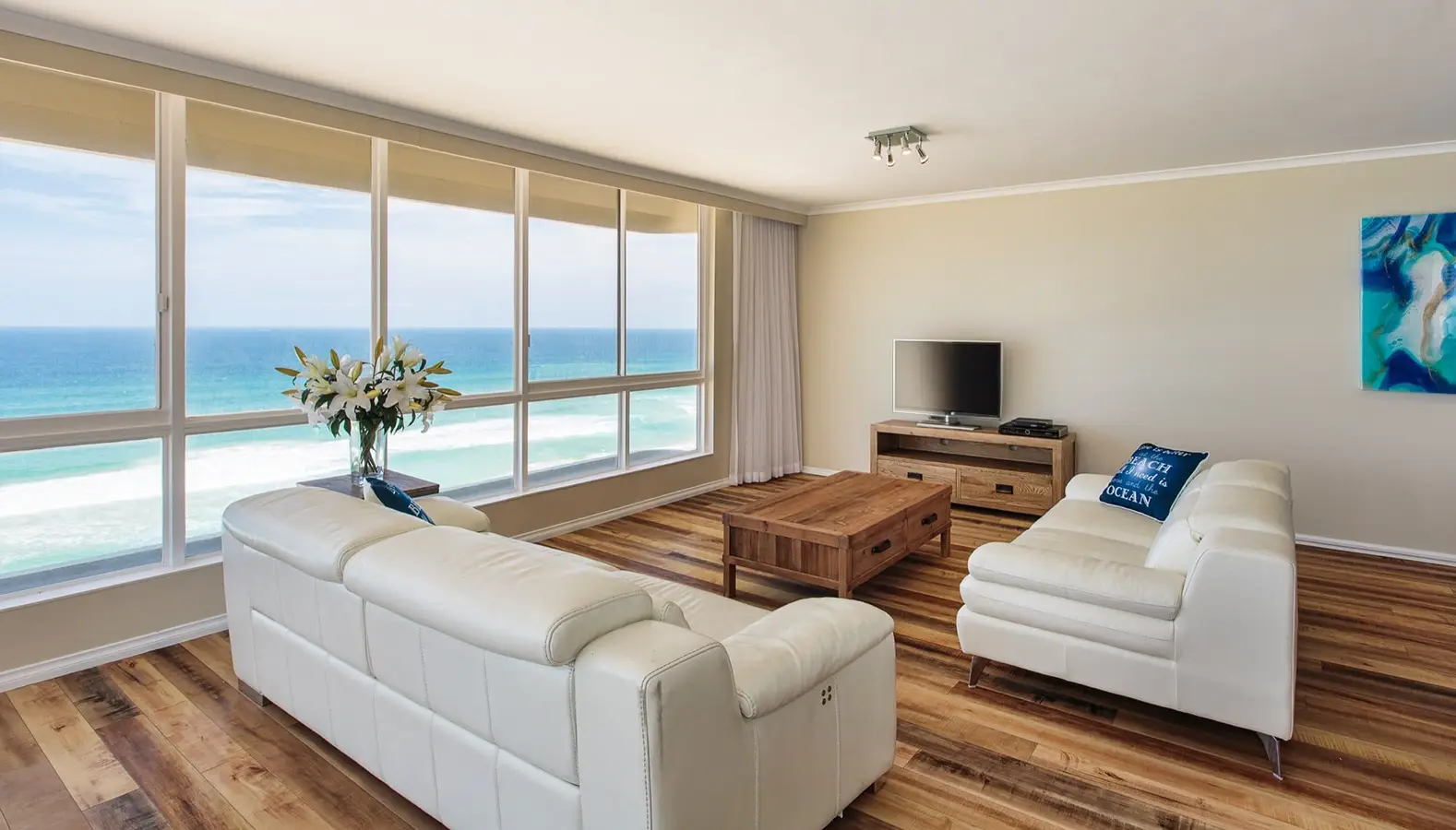 Gold Coast apartment living room with ocean views, blinds and curtains
