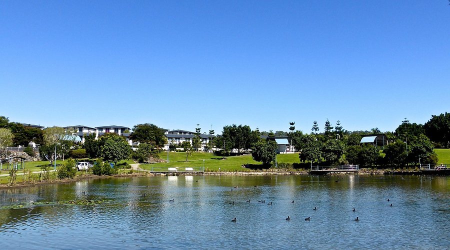 Lake and parkland at Pacific Pines Central on the northern Gold Coast