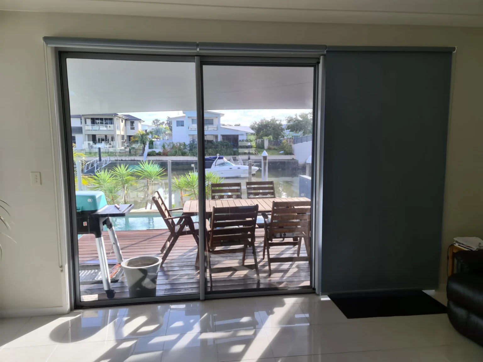 Blockout roller blinds in a Southport apartment by the water