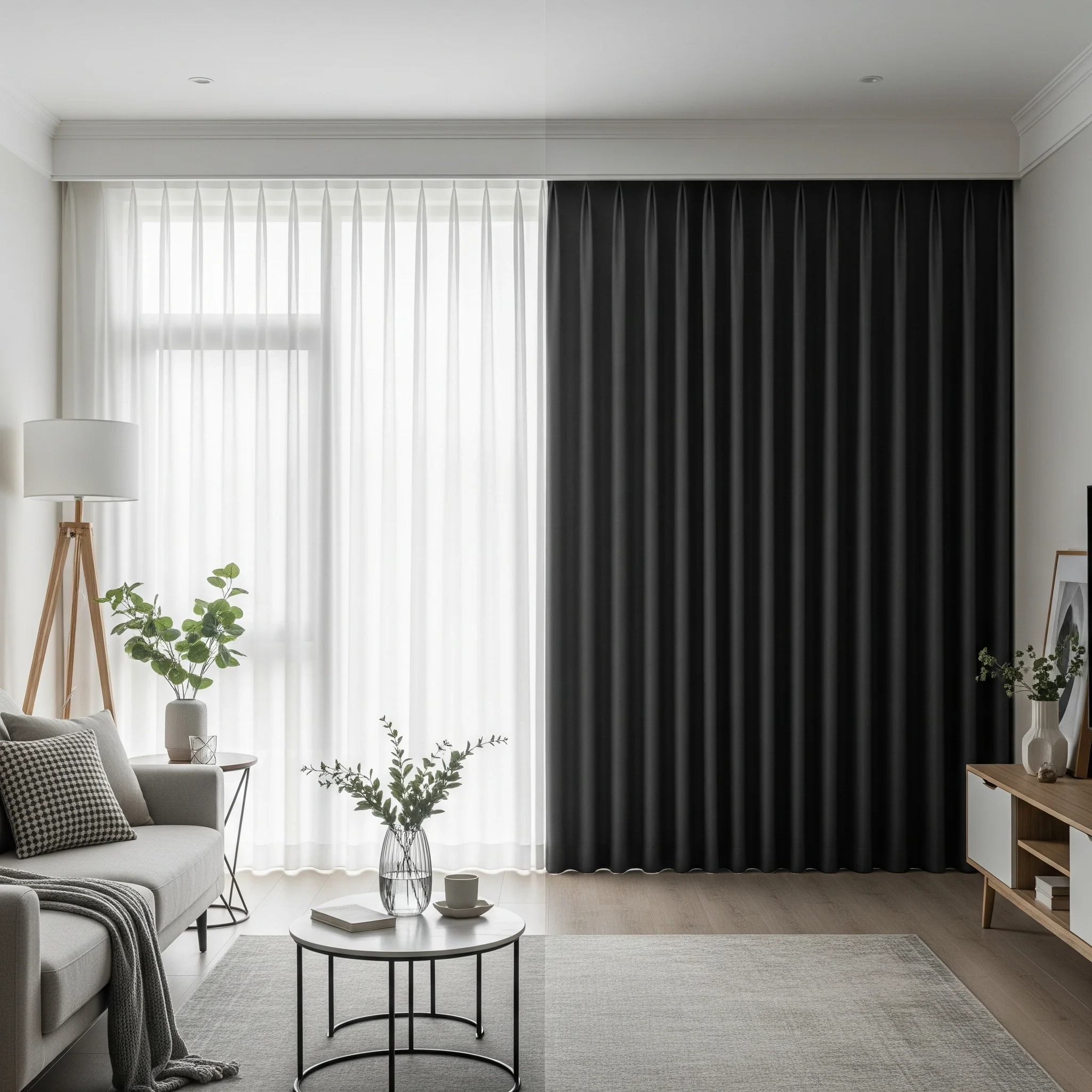 Black blockout curtains layered with sheer curtains in a lounge room