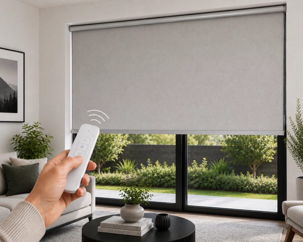 Motorised roller blind controlled by remote in a modern living room