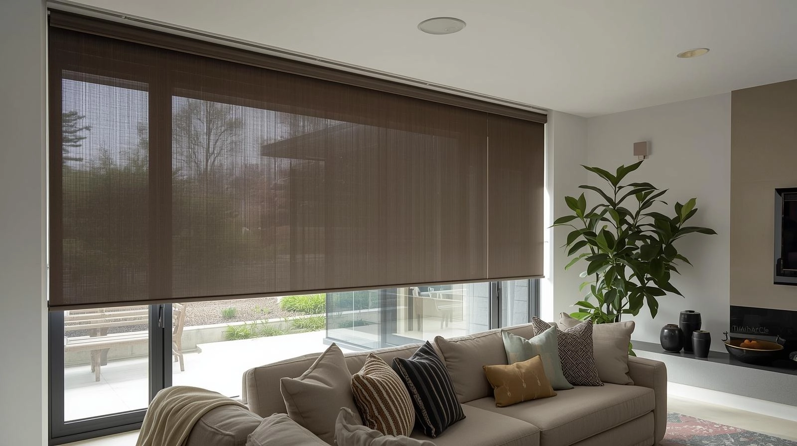 Motorised roller blind across a modern Gold Coast living room window