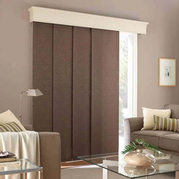 Textured panel glide blinds across a living room window