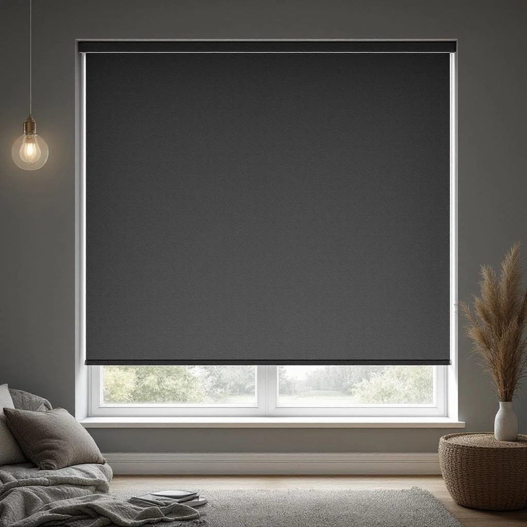 Dark grey blockout roller blind fitted in a contemporary bedroom
