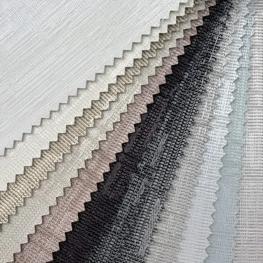 Neutral roller blind fabric samples in a range of textures and colours