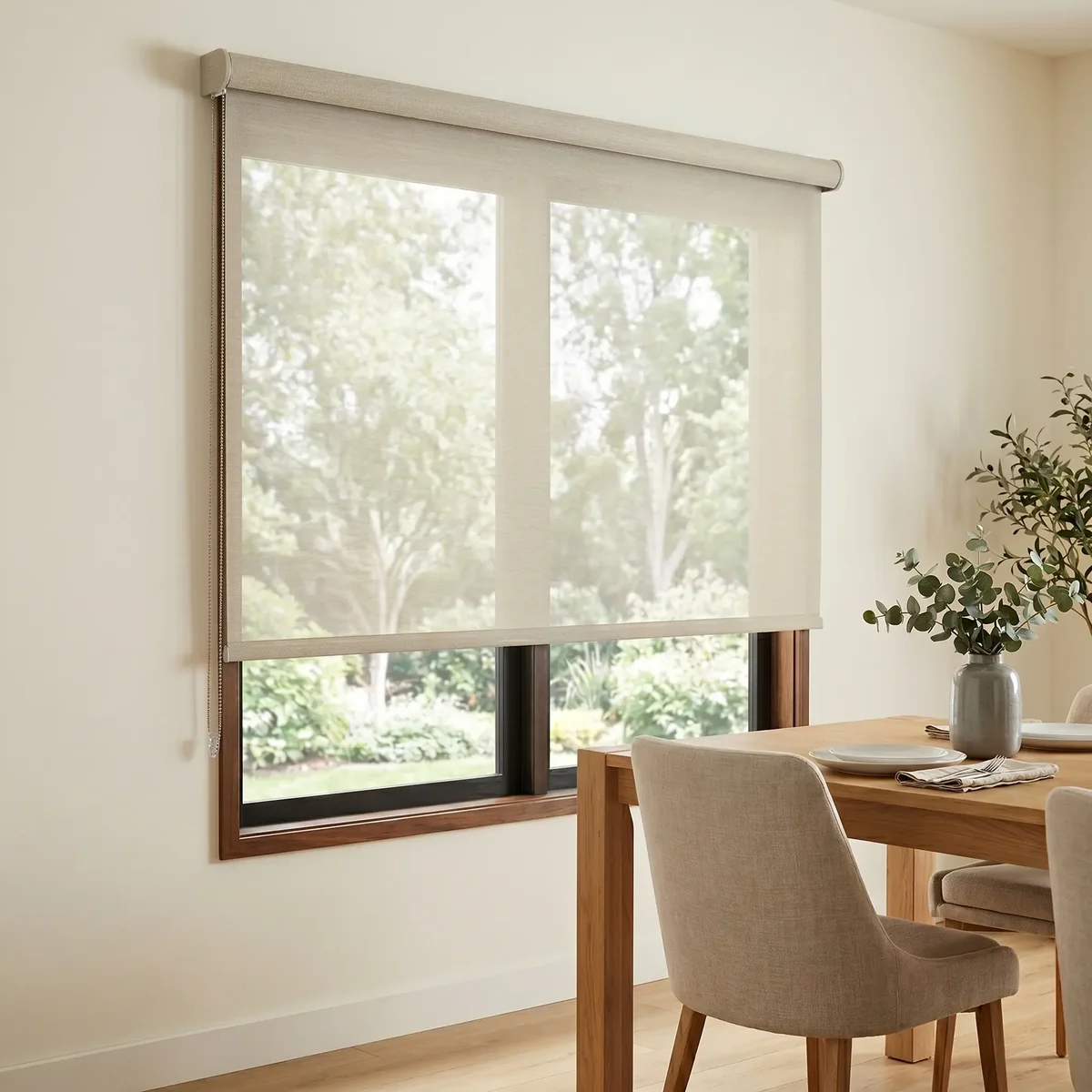 Cream sunscreen roller blind filtering daylight beside a dining table