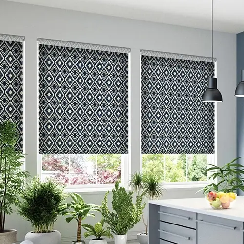 Patterned roller blinds installed in a bright kitchen with indoor plants