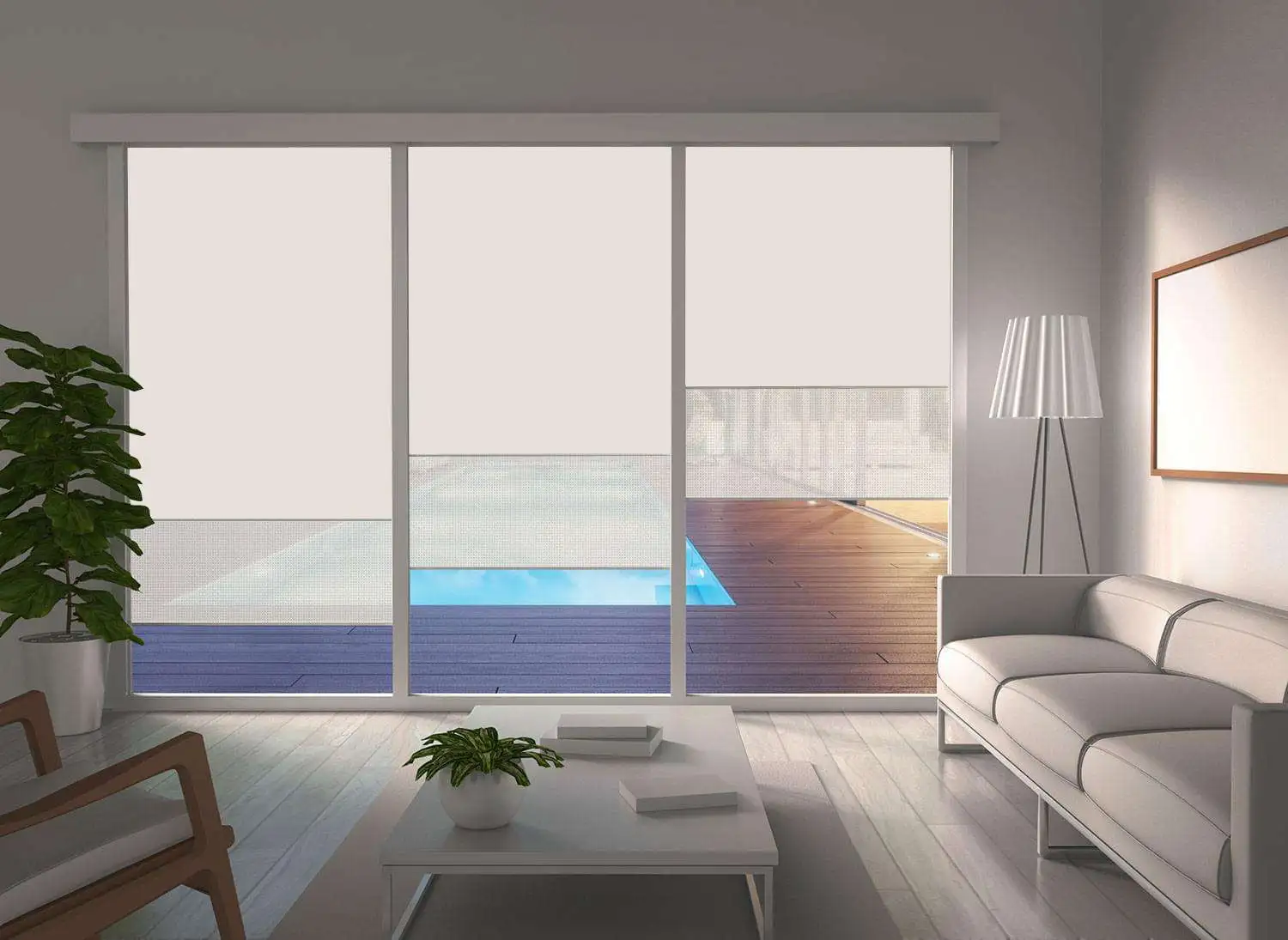 White double roller blinds fitted across pool-facing living room windows