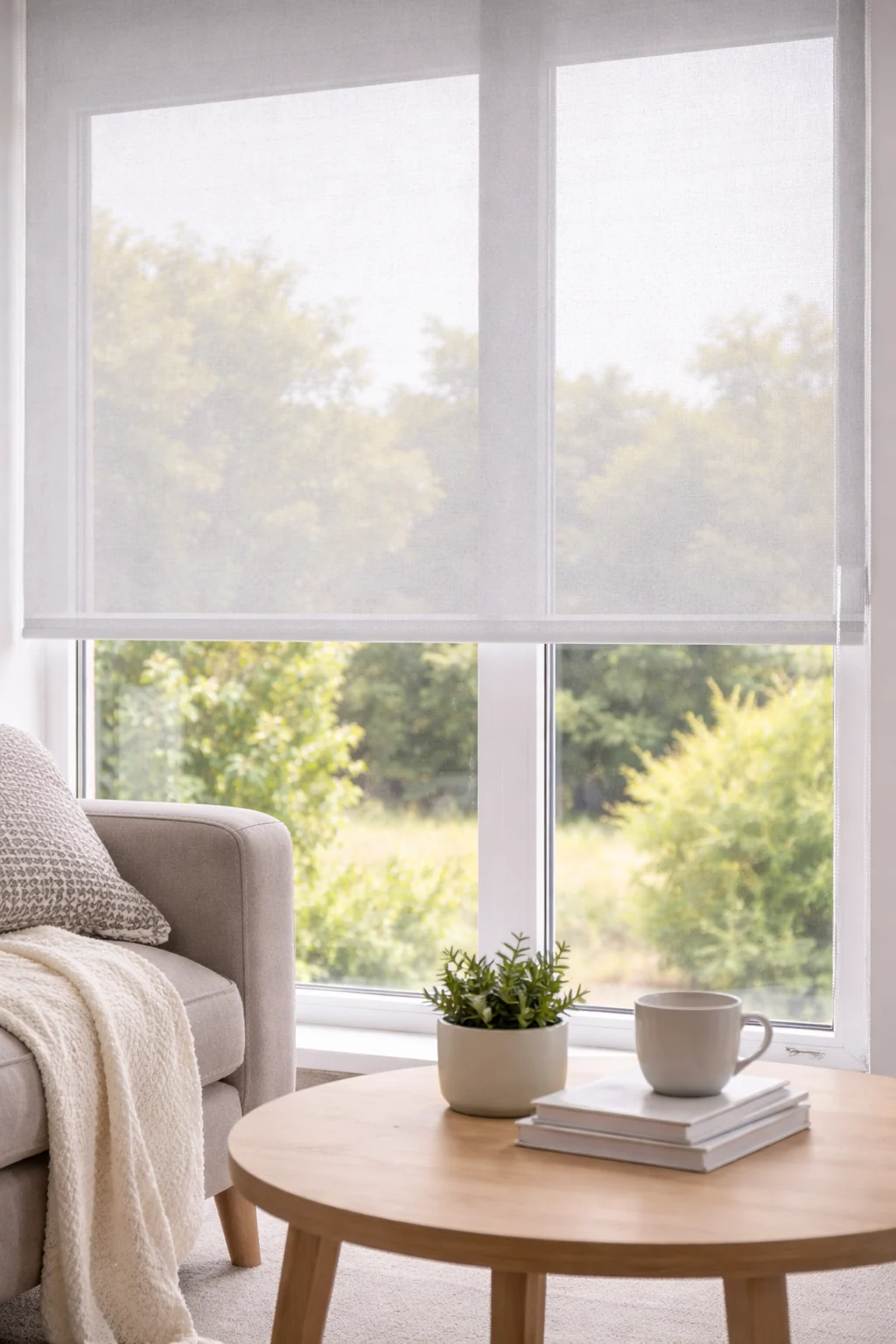 White sunscreen roller blinds softly screening a bright living room window while retaining the garden view