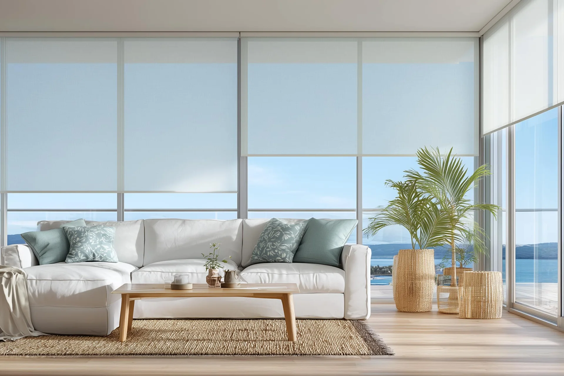 White sunscreen roller blinds filtering daylight across coastal living room windows