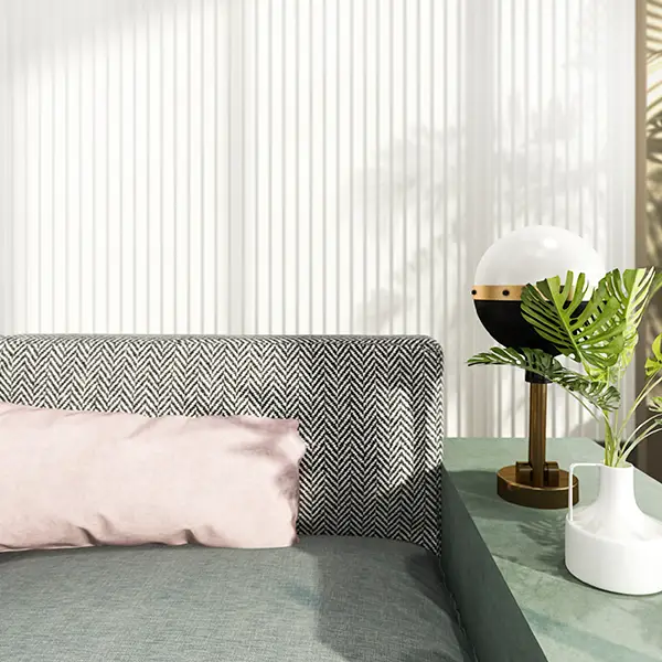Close-up of vertical blind fabric slats in a bedroom